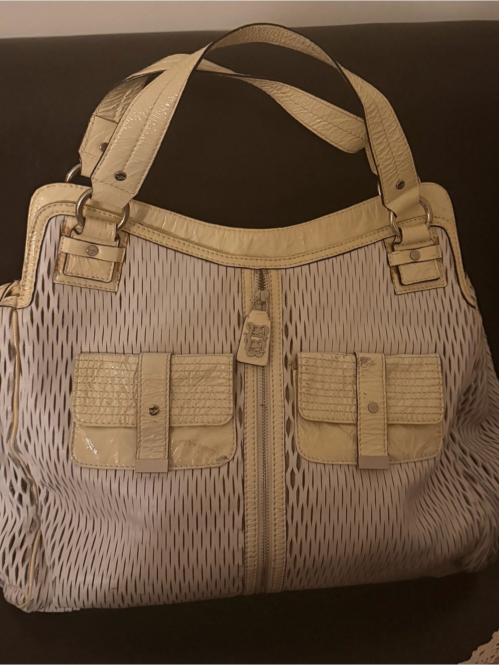 Cream Patterned Hobo Handbag with Gloss Trim